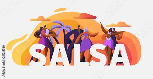 Slasa Party Dancer Character Typography Poster Template. Passion Cuba Dance. Latin Man Woman Tango and Rumba Art Master Concept for Printable Advertising Banner