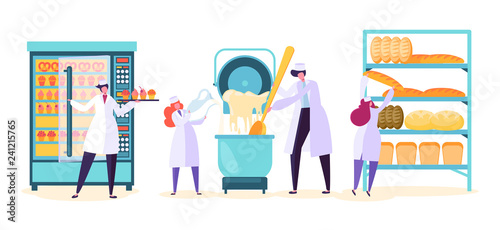 Bread Cake Production Machine Set. Sweet Pastry Bake Process Industry Equipment Collection with Business Character Worker. Dough in Modern Manufacture Flat Cartoon Vector Illustration