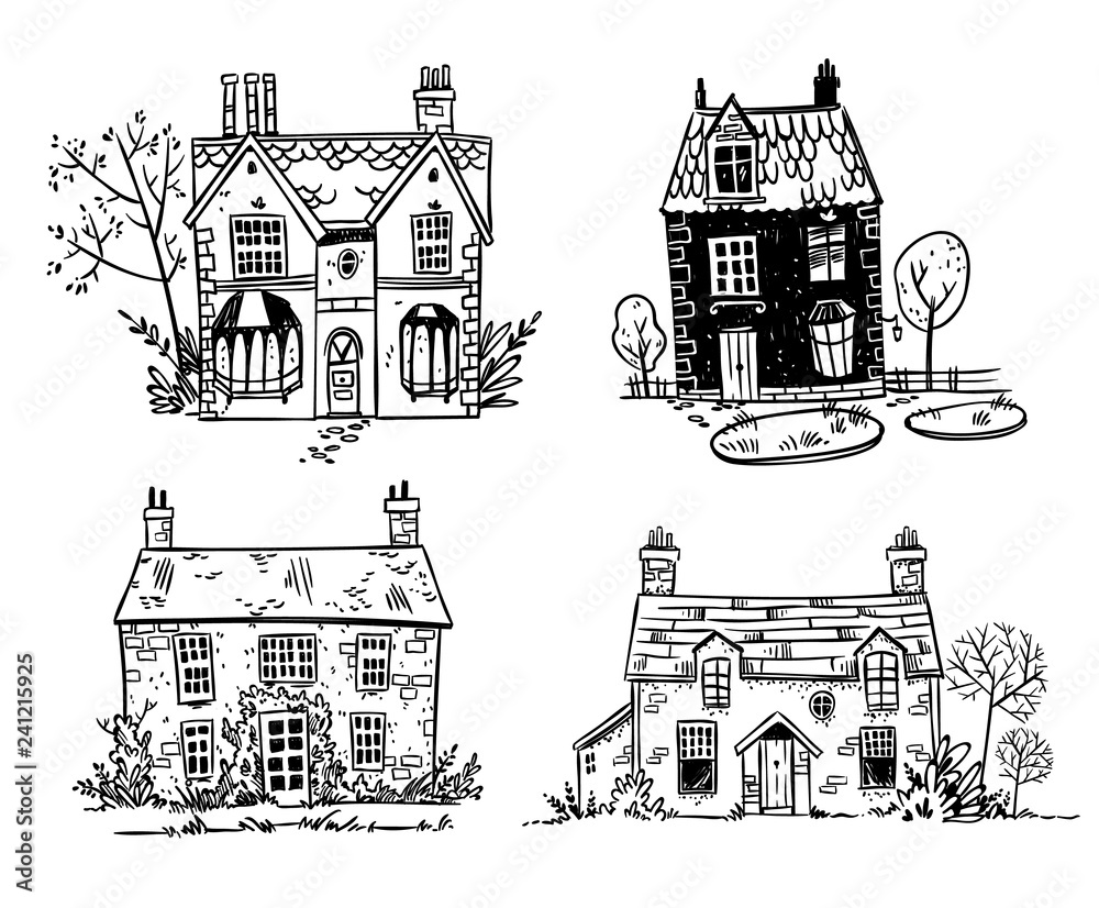 Set of pretty English cottages, vector drawing Stock Vector Adobe Stock