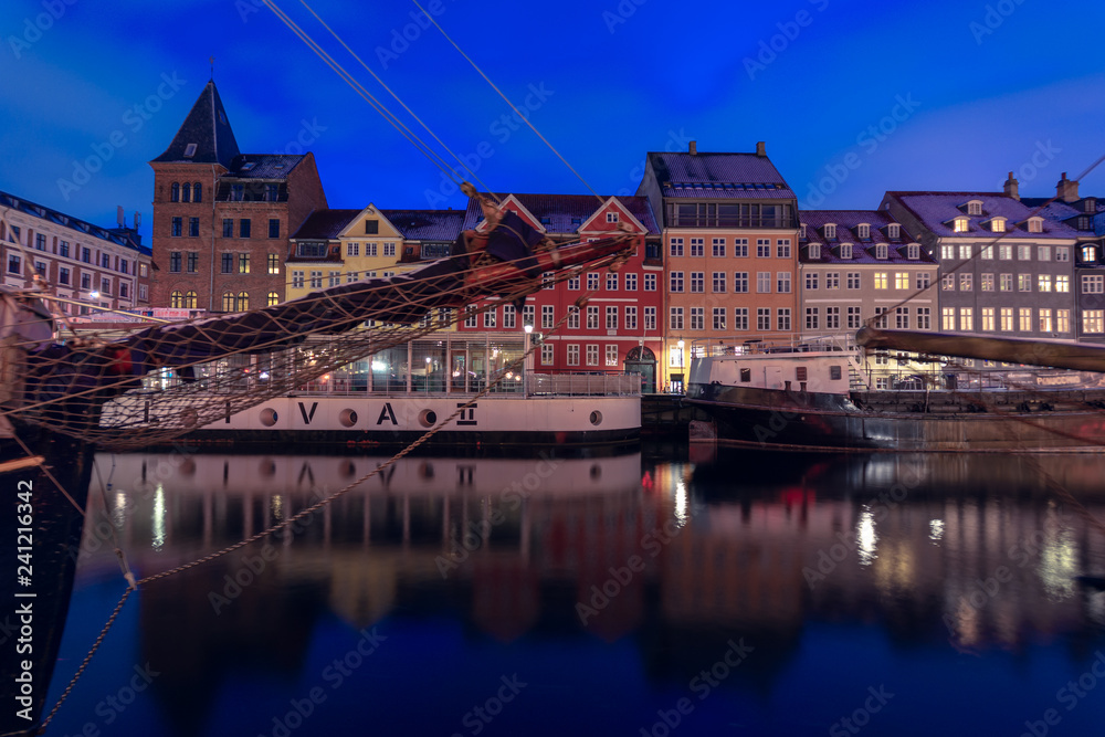 Nyhavn christmas market during night with colorful christmas decorations