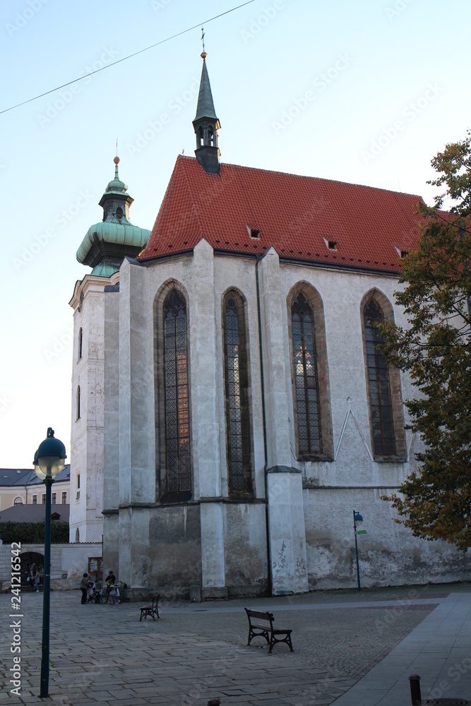 Church of Presentation of the Blessed Virgin Mary and White Dominican tower in České Budějovice, South Bohemia, Czech republic