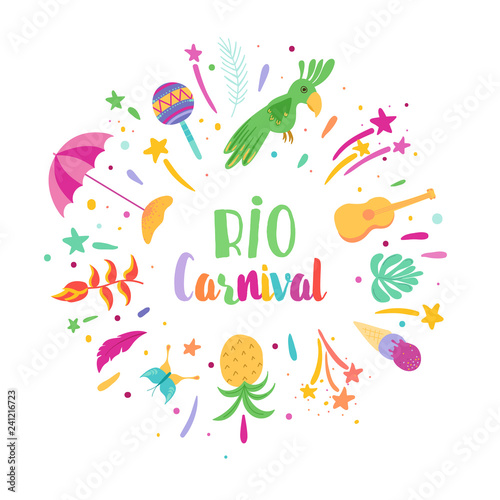 Brazilian Carnival illustration with Festive Elements, Maracas and Tropical Birds. Brazil Traditional Festival Design for Banner. Vector illustration