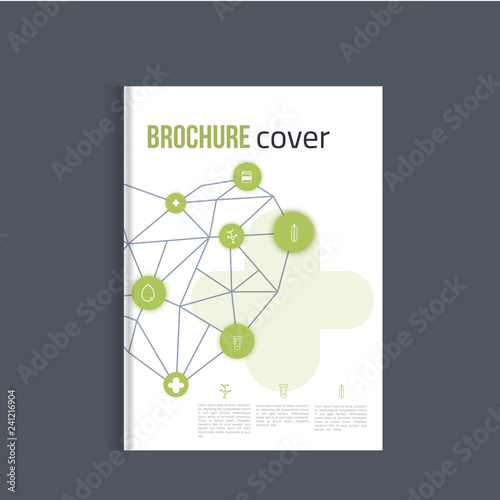 Green medicine brochure for advertising with outline icons and heart. Health layout concept