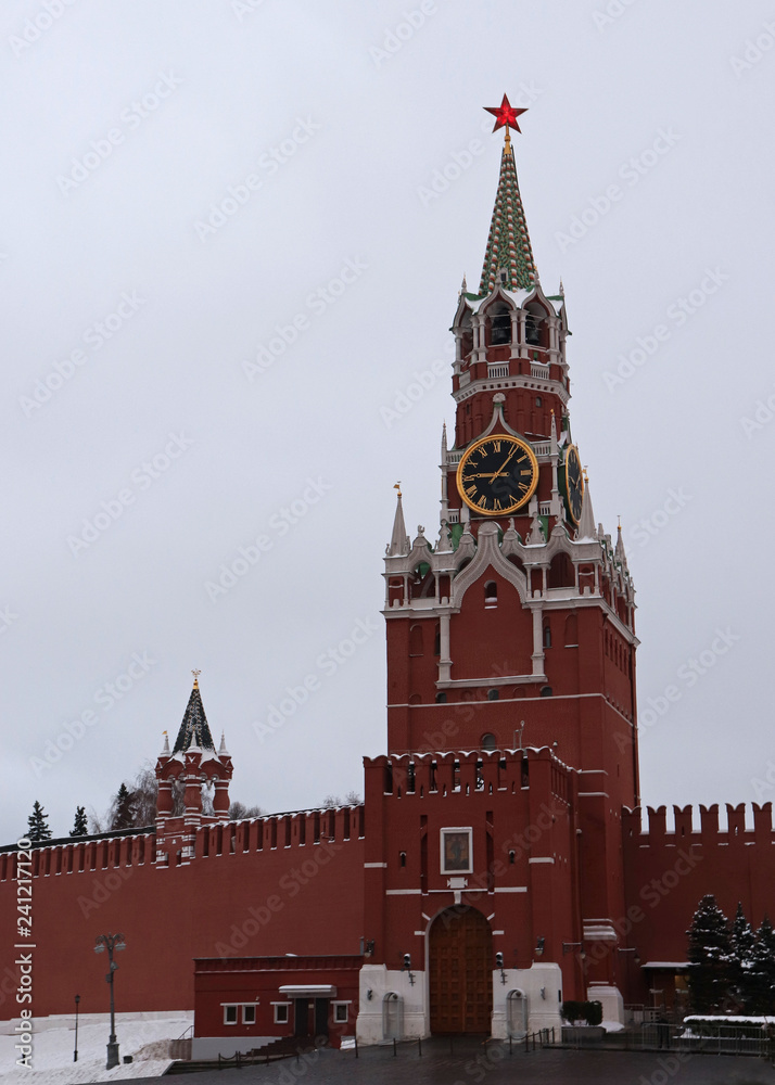 Red square, Moscow Kremlin, Large Spasskaya tower. December 2018