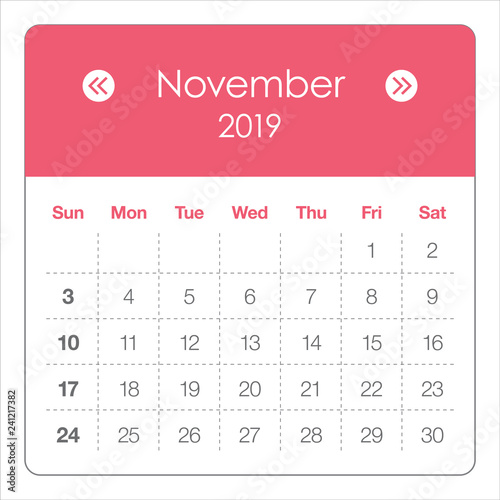 November 2019 monthly calendar vector illustration