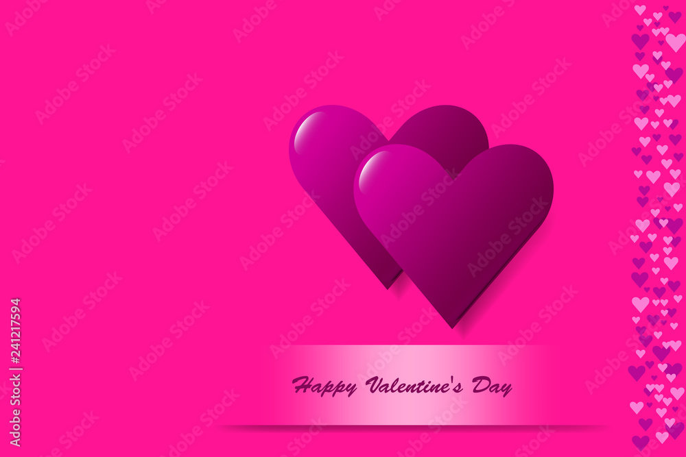 Two pink hearts are in the right side of the vector above the label with Happy Valentine's Day sign. All is on a trendy pink background. 