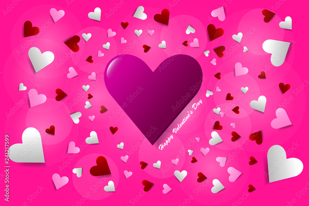 One pink heart is in the center of the vector. Many small hearts are around them. All is on a trendy pink background. 