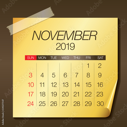 November 2019 monthly calendar vector illustration