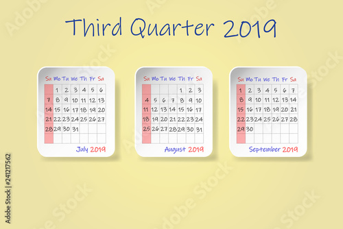 Calendar for third quarter of 2019 year. Week start Sunday. All on the yellow background. 