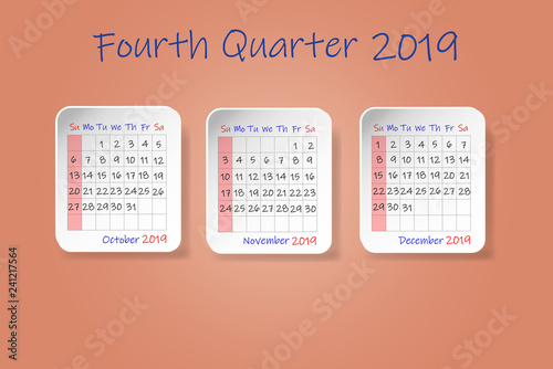 Calendar for fourth quarter of 2019 year. Week start Sunday. All on the ocher color background.