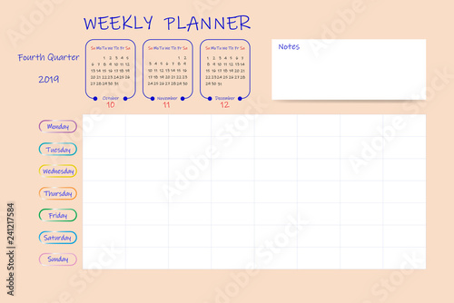 Calendar for fourth quarter of 2019 year in orange color