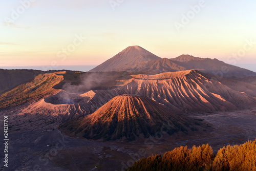 Mount Bromo volcano (Gunung Bromo) during sunrise from viewpoint on Mount Penanjakan in Bromo Tengger Semeru National Park, East Java, Indonesia