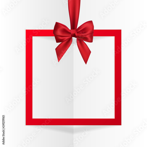 Bright holiday gift box frame banner hanging with red ribbon and silky bow on white background. Vector illustration