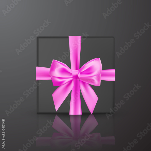 Realistic black gift box with pink bow and ribbon. Element for decoration gifts, greetings, holidays. Vector illustration