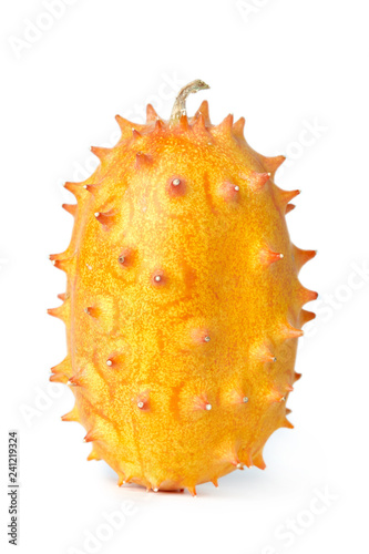 Horned melon or kiwano (Cucumis metuliferus), also known as African horned cucumber or melon, jelly melon, hedged gourd and melano isolated on white background