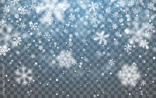 Christmas snow. Falling snowflakes on dark background. Snowflake transparent decoration effect. Xmas snow flake pattern. Magic white snowfall texture. Winter snowstorm backdrop illustration
