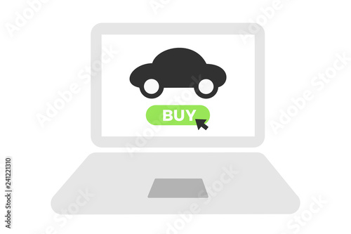 Online internet store and shop with cars - purchase and buy of vehicle through website and webpage on the screen and display of the laptop. Vector illustration.
