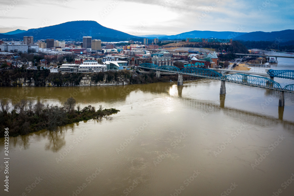 Downtown Chattanooga, TN with the Tennessee River and Walnut Street Bridge