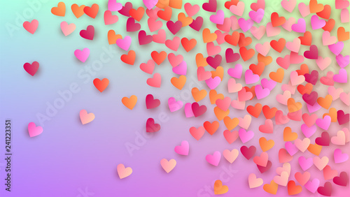 Valentine's Day Background. Many Random Falling Beautifull Hearts on Hologram Backdrop. Invitation Template. Heart Confetti Pattern. Vector Valentine's Day Background.