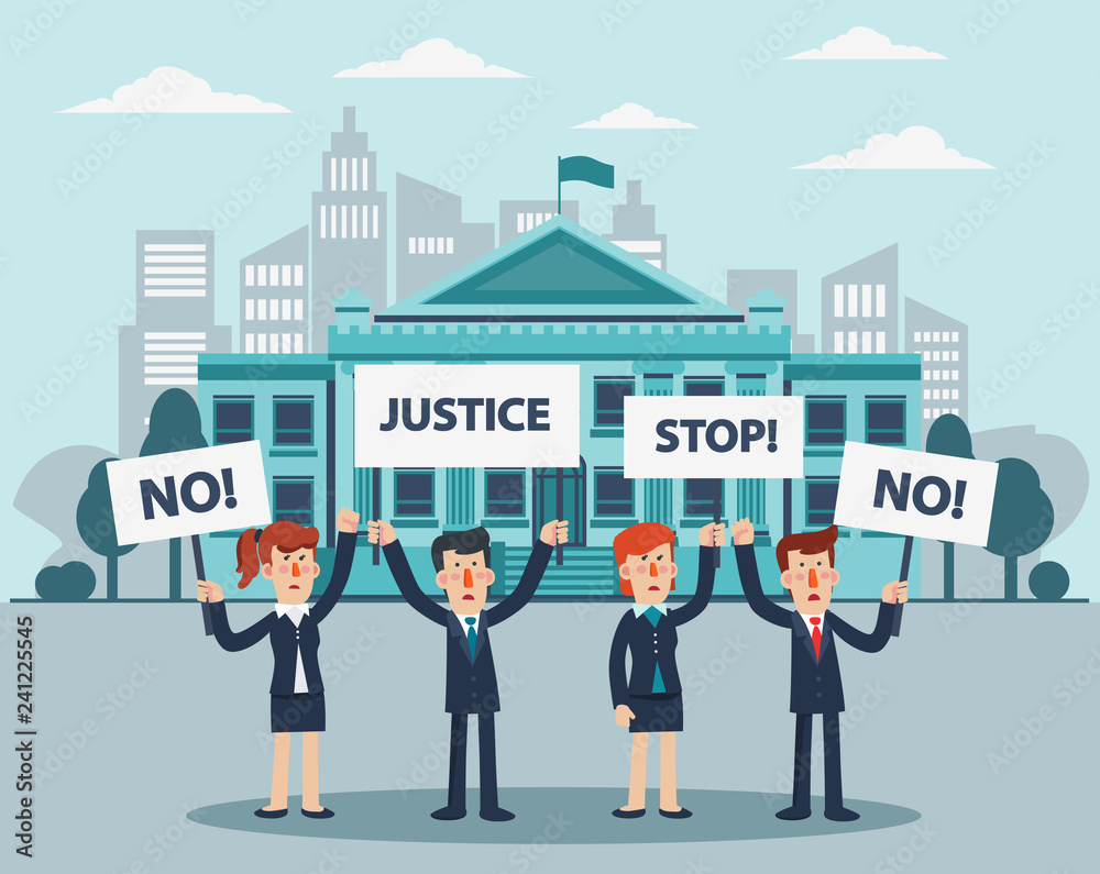 Group of business people protesting in a city street. Business men and women holding protest posters - Vector Group of business people protesting in a city street. Business men and women holding protest posters - Vector