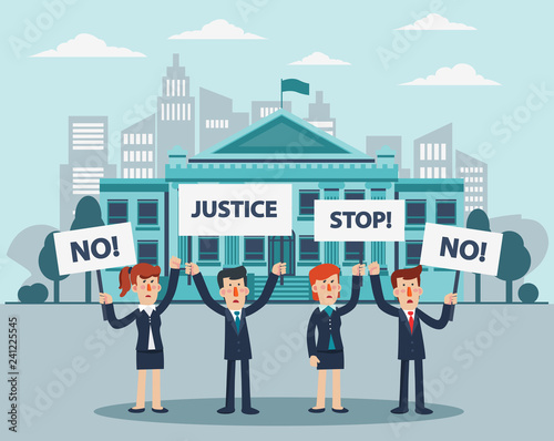 Group of business people protesting in a city street. Business men and women holding protest posters - Vector 