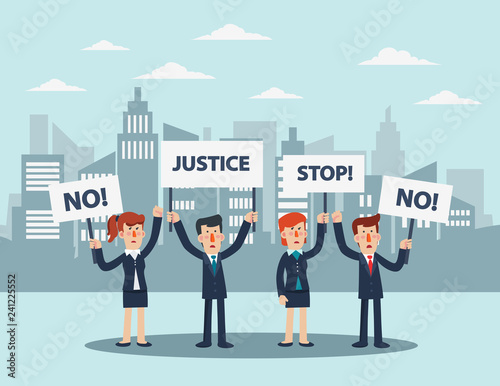 Group of young business people protesting in a city street. Business men and women holding protest posters - Vector 