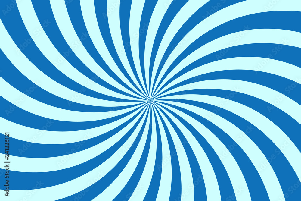 Simple blue background. Spiral stripes in retro pop art style