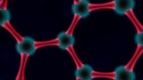 3D illustration, abstract background. The image of graphene, carbon molecules, atoms stacked hexagon. Red glow around the atom. 3D rendering on a dark background.