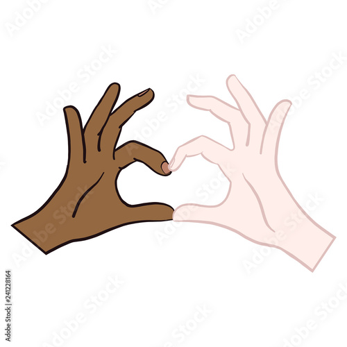 Hand-drawn vector comic hands of a fair-skinned woman and a dark-skinned woman forming a heart and symbolizing love. White, red, blue, purple, heart, isolated graphic.