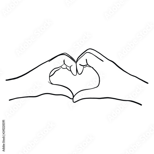 Hand-drawn vector comic hands of a woman shaping a heart and symbolizing love. Heart, white hands, isolated graphic.