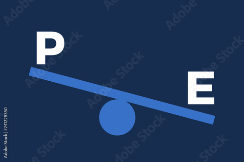 Price Earning ratio - overvaluation of overvalued stock, share and equity. High cost and low return and profitability. Financial comparison and balance. Vector illustration photo