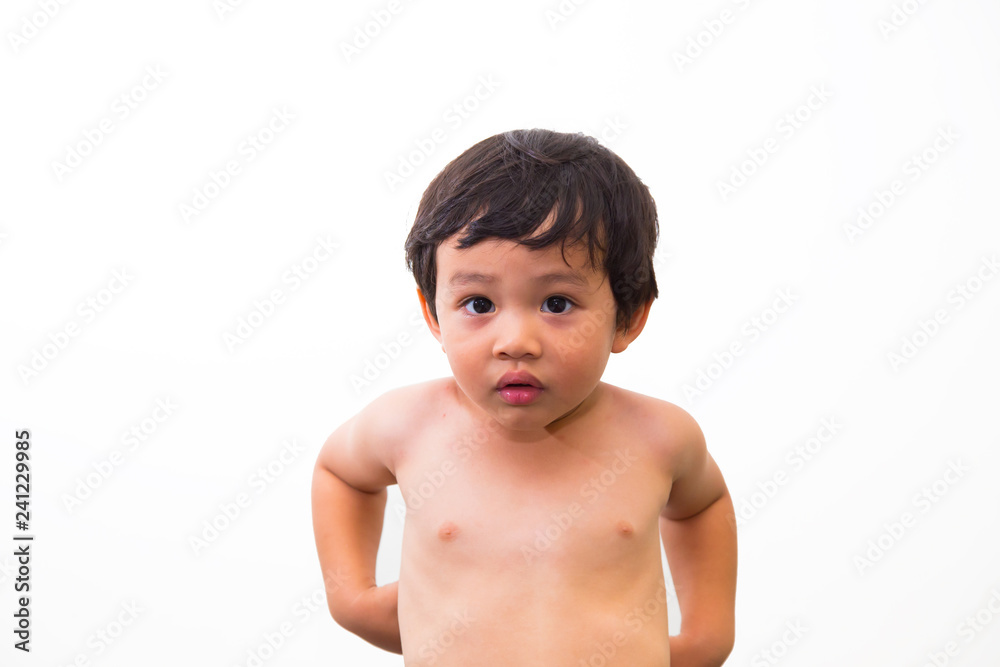 Asian boy indicate blank space on white background Asian boy indicate blank space on white background