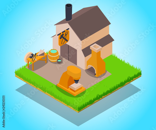 Smithy concept banner. Isometric banner of smithy vector concept for web, giftcard and postcard