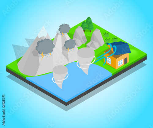 Hurricane concept banner. Isometric banner of hurricane vector concept for web, giftcard and postcard