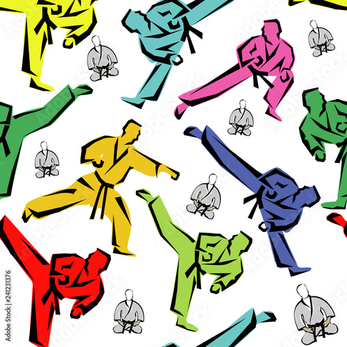 Seamless Colored Pattern martial arts, karate, MMA logo presswall. Design judo, taekwondo, hapkido, karate