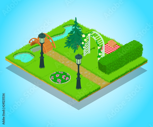 Yard concept banner. Isometric banner of yard vector concept for web, giftcard and postcard