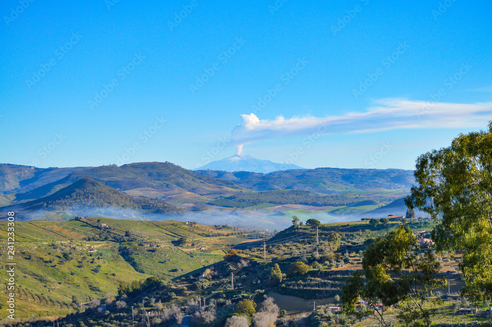 Fototapeta premium Stunning View from Mazzarino of the Mount Etna during the Eruption, Caltanissetta, Sicily, Italy, Europe