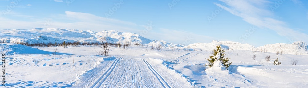 Wide panoramic view of snowy landscape with cross country ski track in Beitostolen. Winter in Norway