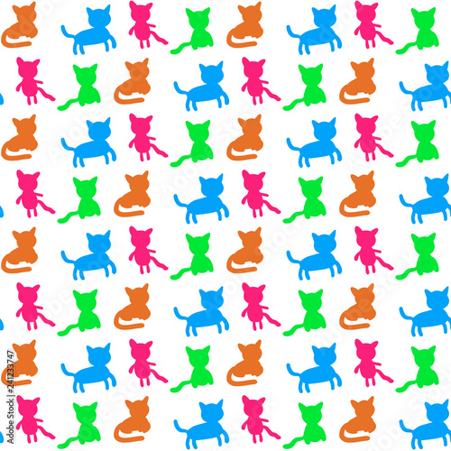 Cats set hand drawn silhouette seamless pattern four differents forms colorful rainbow