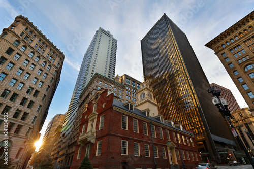 The Old State House in Boston at sunset.