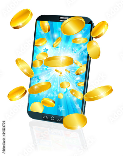 A mobile or cell phone with gold coin money flying out concept.