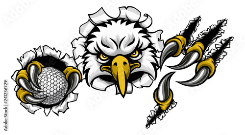 An eagle bird golf sports mascot cartoon character ripping through the background holding a ball