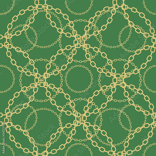 Golden chains on green background seamless pattern. eps 10