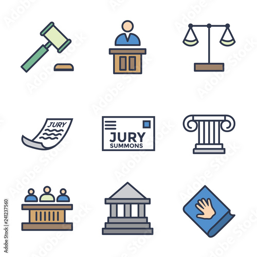 Law and Legal Icon Set with Judge, Jury, and Judicial icons