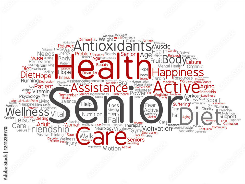 Vector concept conceptual old senior health, care or elderly people treatment abstract word cloud isolated background. A collage of healthcare, illness, medicine assistance, help, active or happy text Vector concept conceptual old senior health, care or elderly people treatment abstract word cloud isolated background. A collage of healthcare, illness, medicine assistance, help, active or happy text