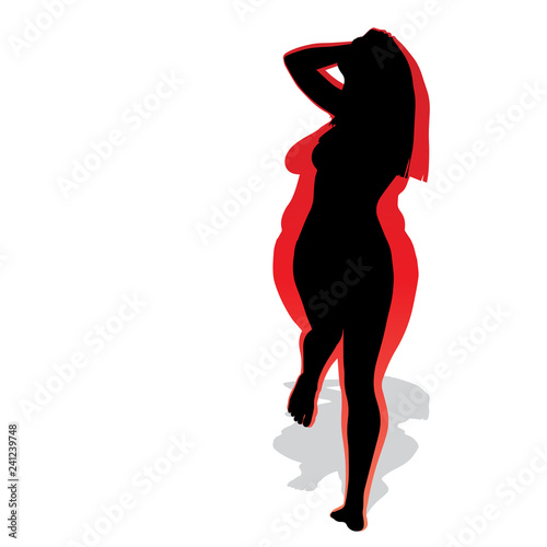 Vector conceptual fat overweight obese female vs slim fit healthy body after weight loss or diet with muscles thin young woman isolated. Fitness, nutrition or fatness obesity, health silhouette shape