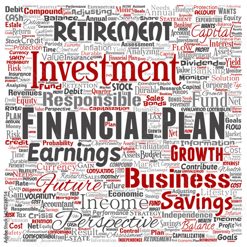 Vector conceptual business or personal financial plan square red finance strategy word cloud isolated background. Collage of income, investment or money for future retirement, security concept design