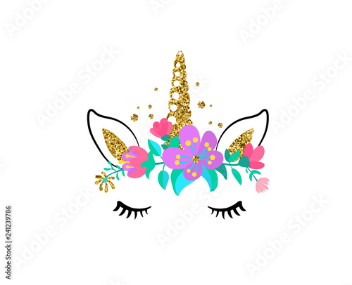 Unicorn cute vector illustration isolated on white background. Fashion girl patch with horse head, golden horn, ears, eyes and flowers