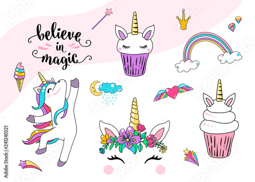 Cute unicorn vector with cupcake, dancing little horse, head with flowers, rainbow, diamond, ice cream and lettering quote believe in magic. Cool girl patches. Graphic design for print element