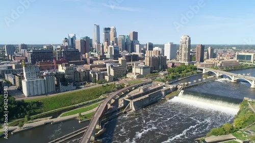 Downtown Minneapolis along the Mississippi River in the summer by drone photo